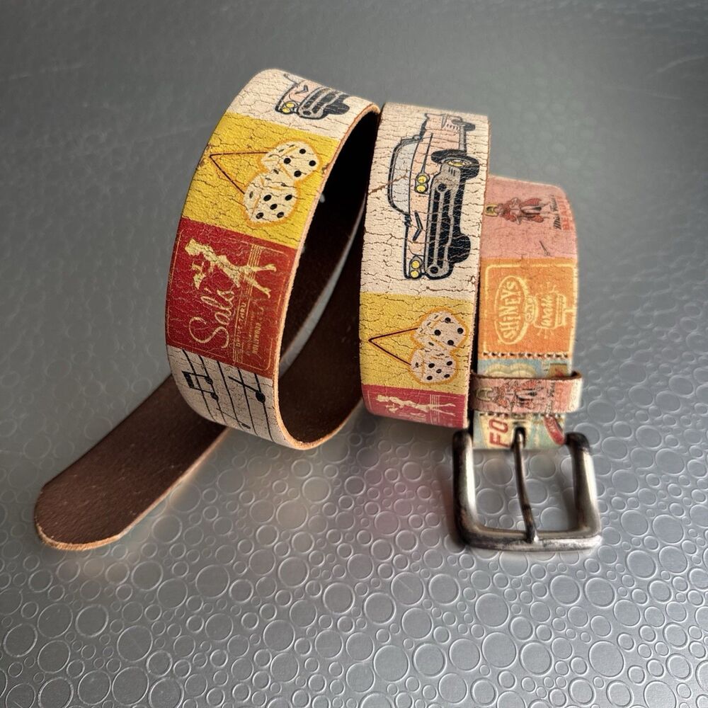 Vintage Fossil Graphic Leather Belt Drive In Pop Art Collage Retro Sign - Size L